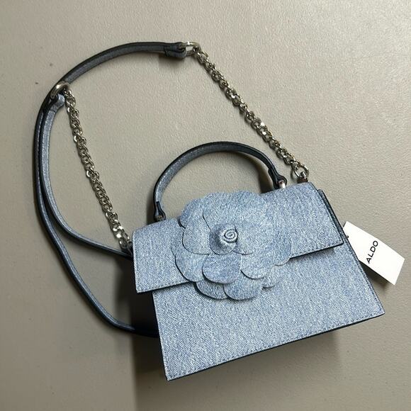 Aldo Mini Purse Bag Crossbody Light Denim Blue Flower Accent Snap Closure NWT